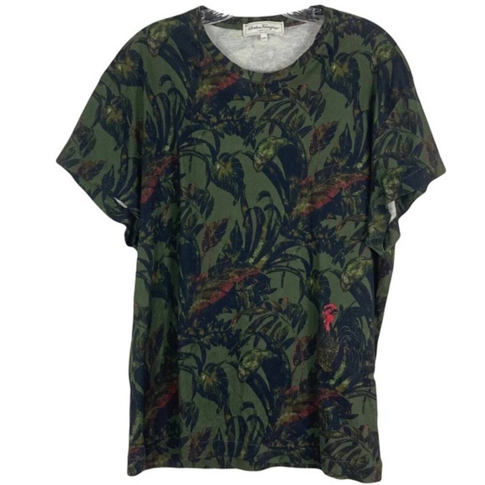 SALVATORE FERRAGAMO ITALY Men Tshirt XXL”Bianco Foliage Botanical Rooster Jungle